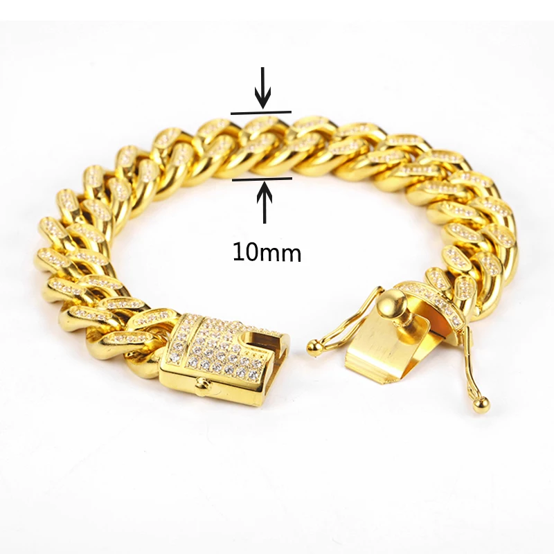 

Factory Sale 8/10/12/14/16/18mm Stainless Steel Gold Plated HipHop Jewelry Miami Cuban Link Chain Bracelet With Full CZ Stone