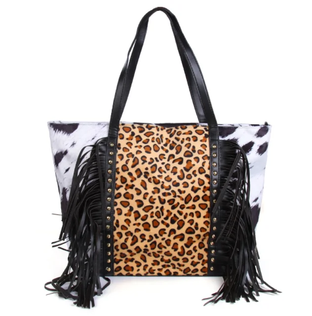 

Rainbow cow leopard print tassel shopping bag large portable travel bag ladies cross-body large bag