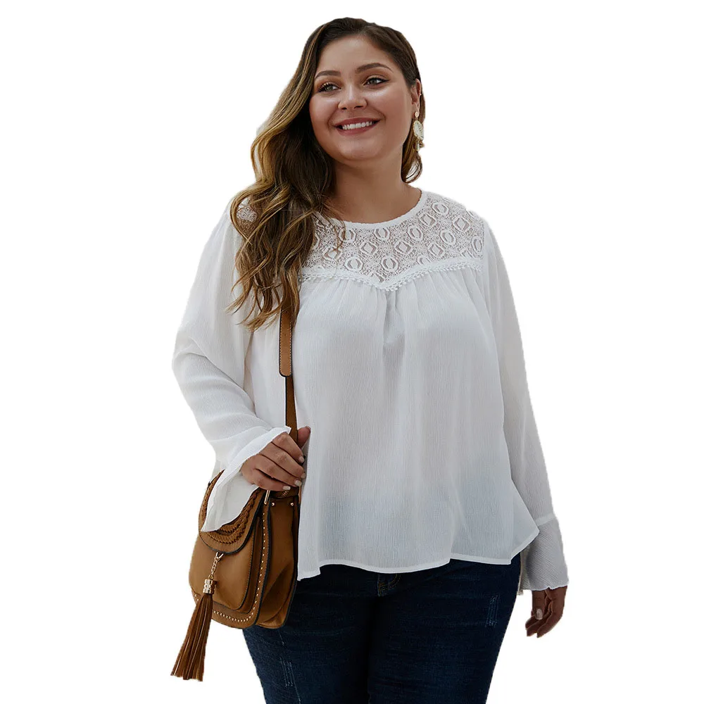 

2020 New fashion plus size Women long sleeve lace chiffon Women ladies Blouses Tops