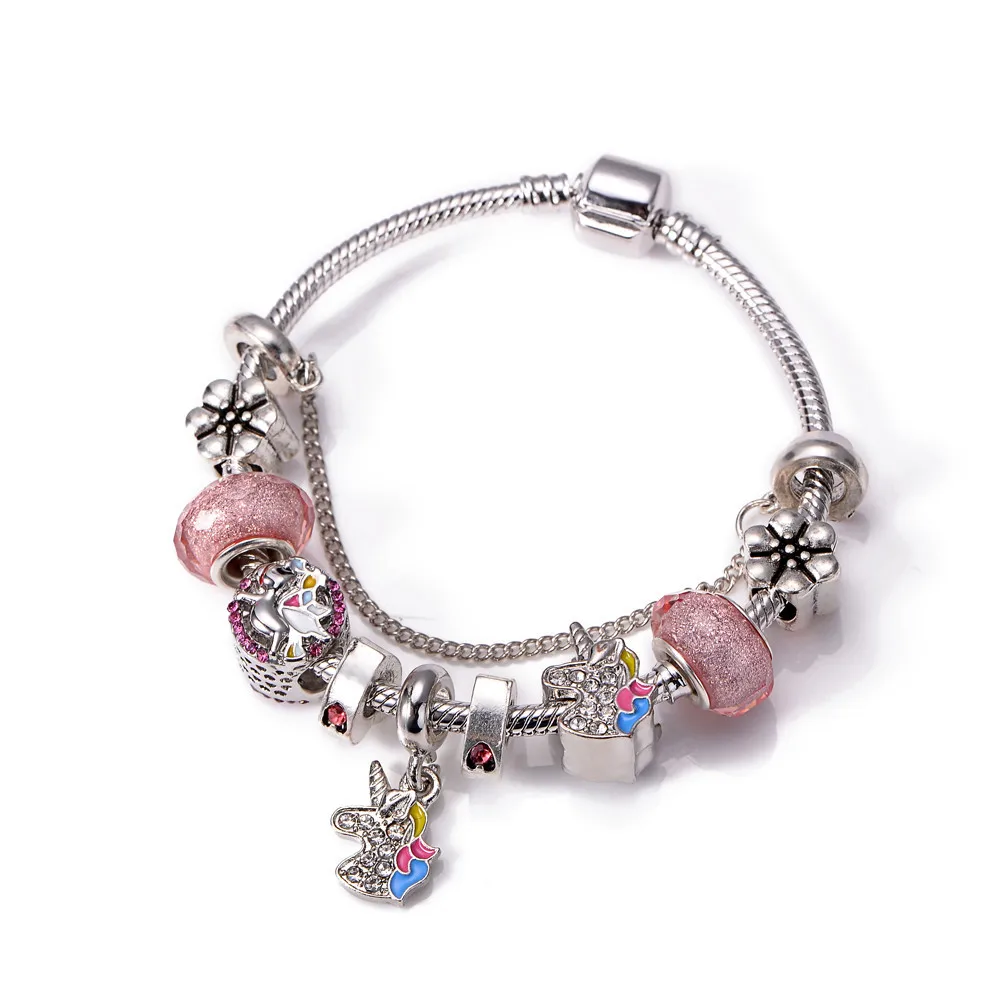 

DIY Silver Flower Pink Glass Beaded Cartoon Animal Unicorn Charm Bracelet Crystal Rainbow Unicorn Bracelet