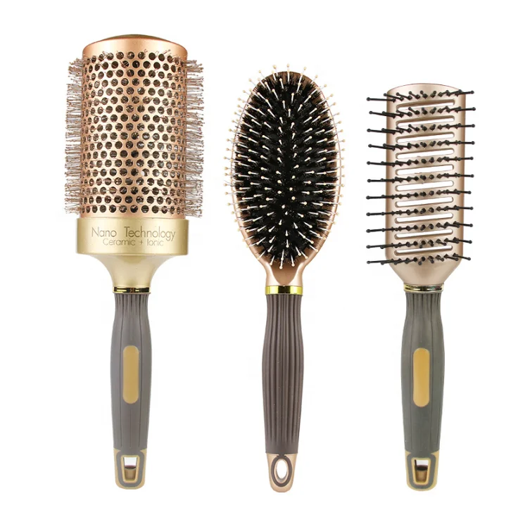 

Amazon Hot Wholesale 3Pcs Boar Bristle Paddle Ceramic Round Vent Hair Brush Set