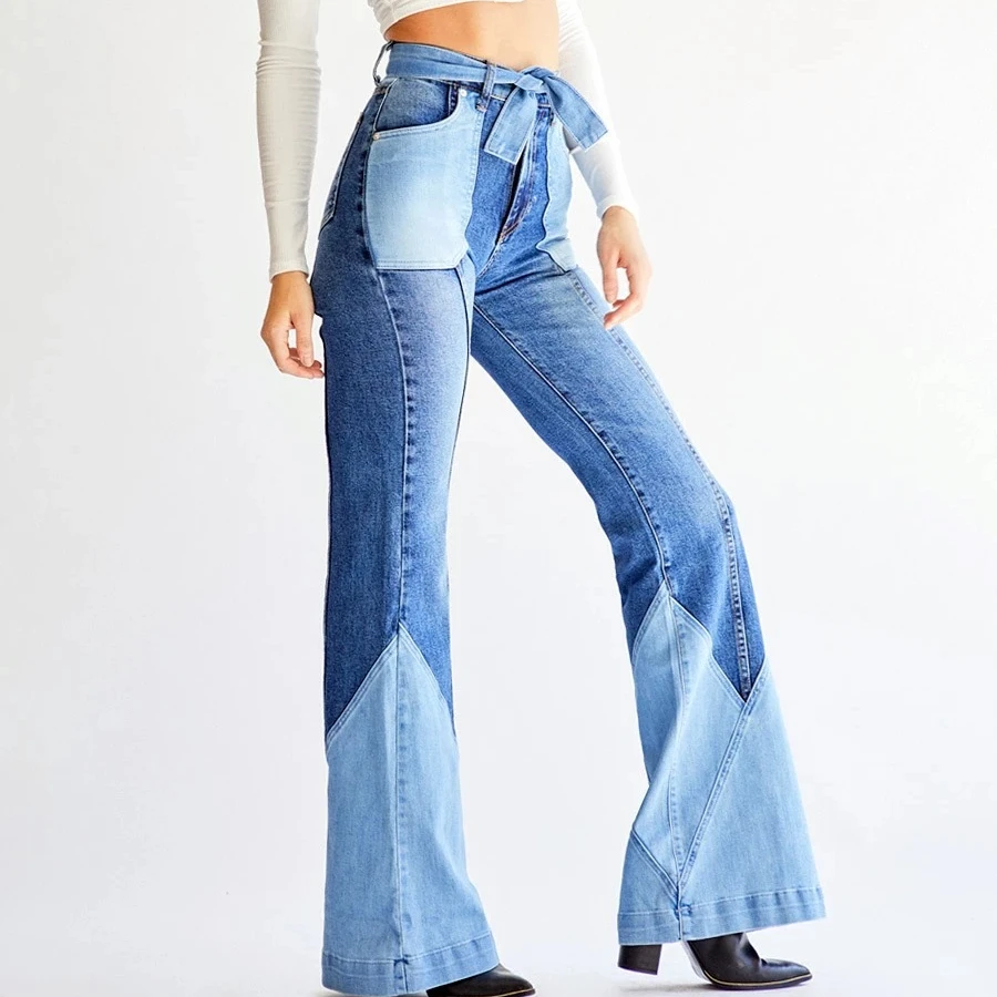 

Retro High Waist Two-color Stitching Belt Jeans Women's Denim Flared Pants Jeans, Picture color