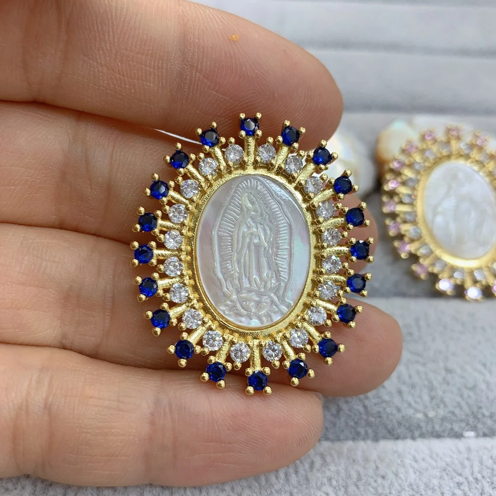 

Religious Oval Medal Virgin Mary Guadalupe Necklace Pendant Charm Natural Shell Zircon Jewelry