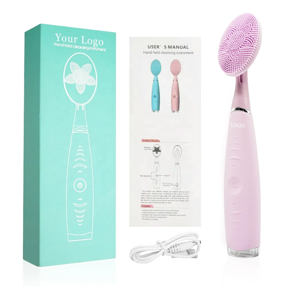 

Deep Cleaning Face Pore Handheld USB Electric Silicone Face Brush, Green / pink