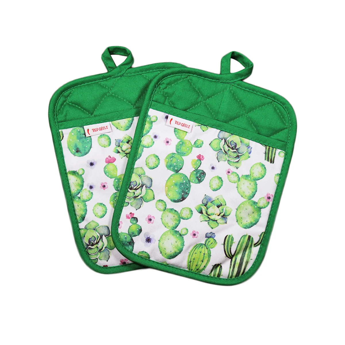

Cactus design green cotton print cooking heat resistant oven mitts pot holders sets with pocket for kitchen