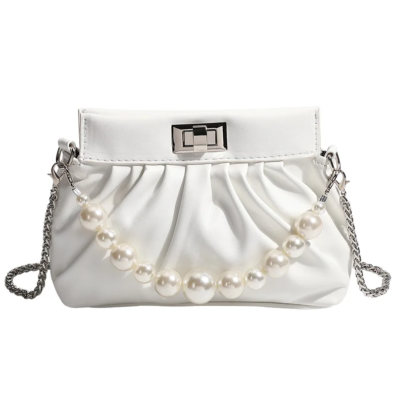 

Classical Design Pearl Chain Handbag for Women Fashion Style Ruched Crossbody Bag, White,black, blue