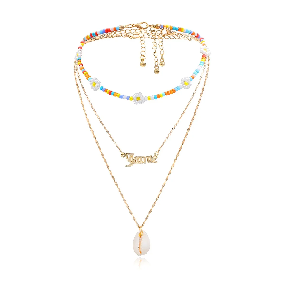 

New Design Seed Bead Chain Multilayer Letter Necklace 3 Layer White Sea Shell Pendant Necklace For Women, Picture color