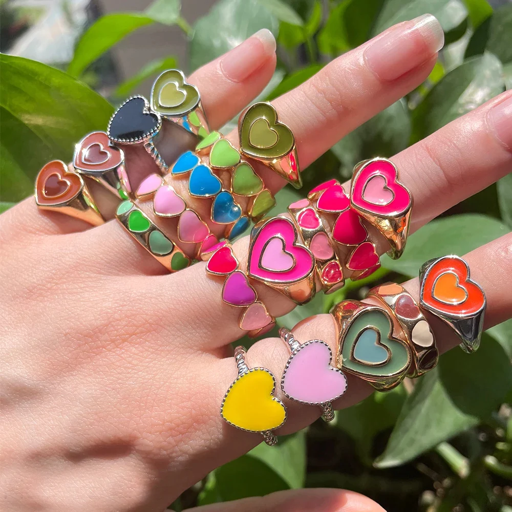 

Chunky Rings Gold Plated Colorful Double Layer Love Heart Jewelry For Women Candy Color Dripping Oil INS Ring, Chunky gold rings