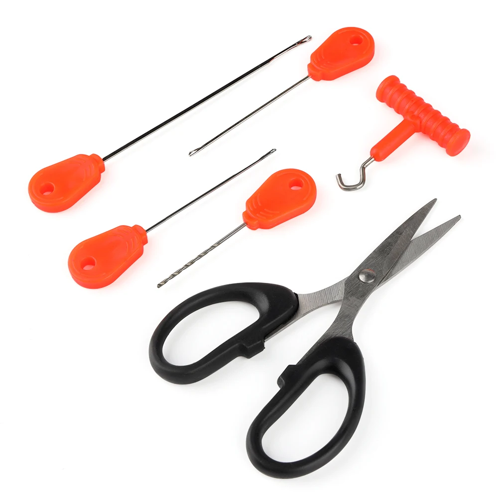 

W.P.E Carp Fishing 1Set/6 pcs Stainless Boilie Needle Scissor Set Baiting Drill Stringer Needle Tool Accessories, Red/black