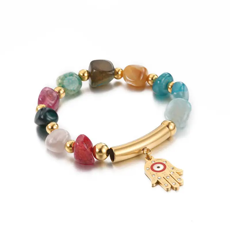 OEM Pulseras De Piedra Natural Stainless Steel Gold Hand Charm Colorful Stone Bracelets Natural