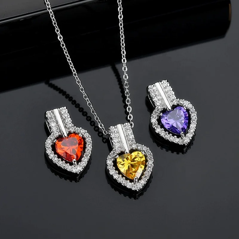 

Luxury Female White Yellow Pendant Necklace Classic Silver Color Chain Necklaces For Women heart Crystal Stone Wedding Necklace, Customized color