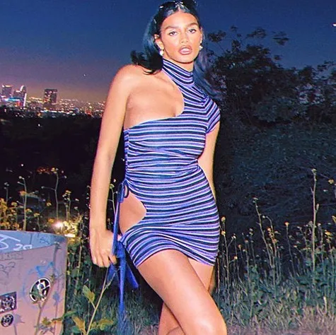 

Alluring New Fashion Short Sleeve Striped Dresses Women Hollow Out Casual Drawstring One Shoulder Cut Out Mini Dress, Purple