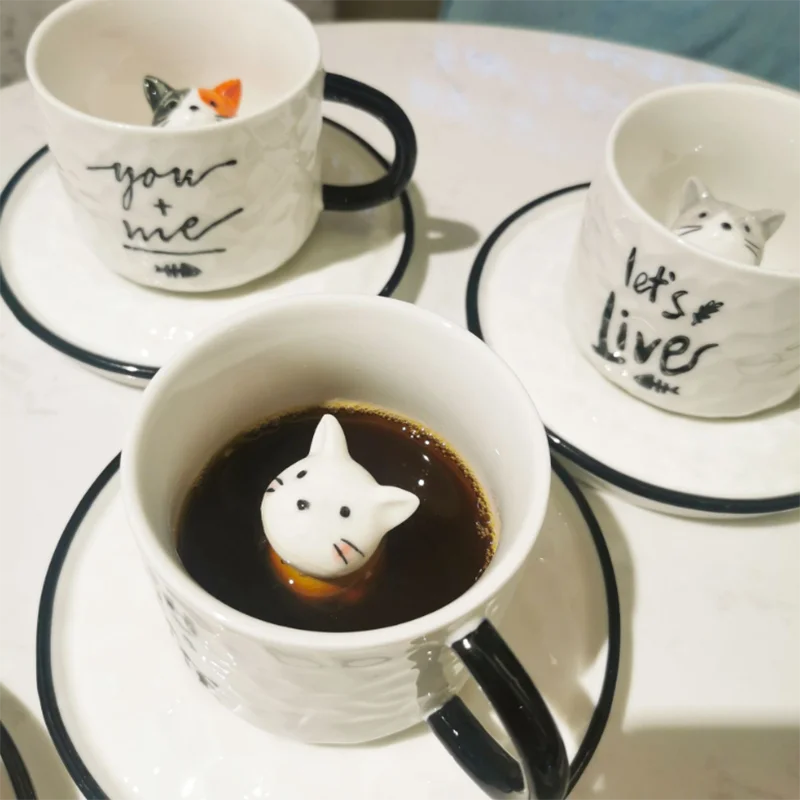 

UCHOME 3D Cute Ceramic Cat Coffee Mugs, Porcelain Coffee cat Mug with Saucer, Many colors can be choosed