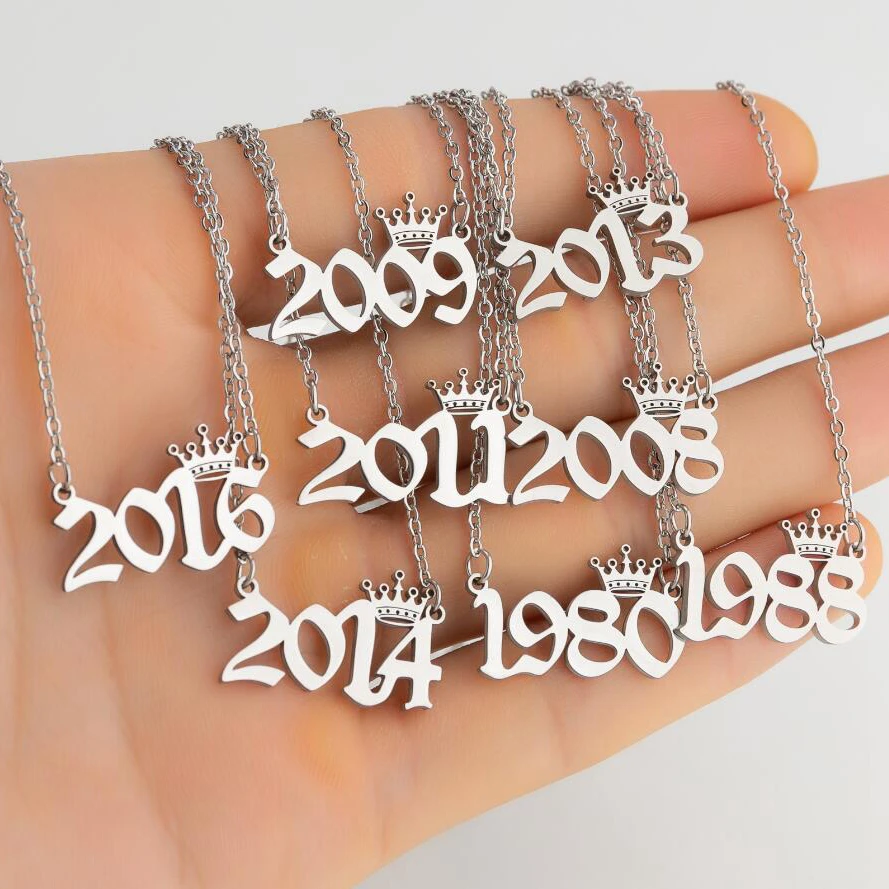 

1980-2019 Amazon No Fade Gold Silver Plated Stainless Steel Ladies Girls Women Crown Birh Year NUmber Pendant Necklace Jewelry, Silver & gold color