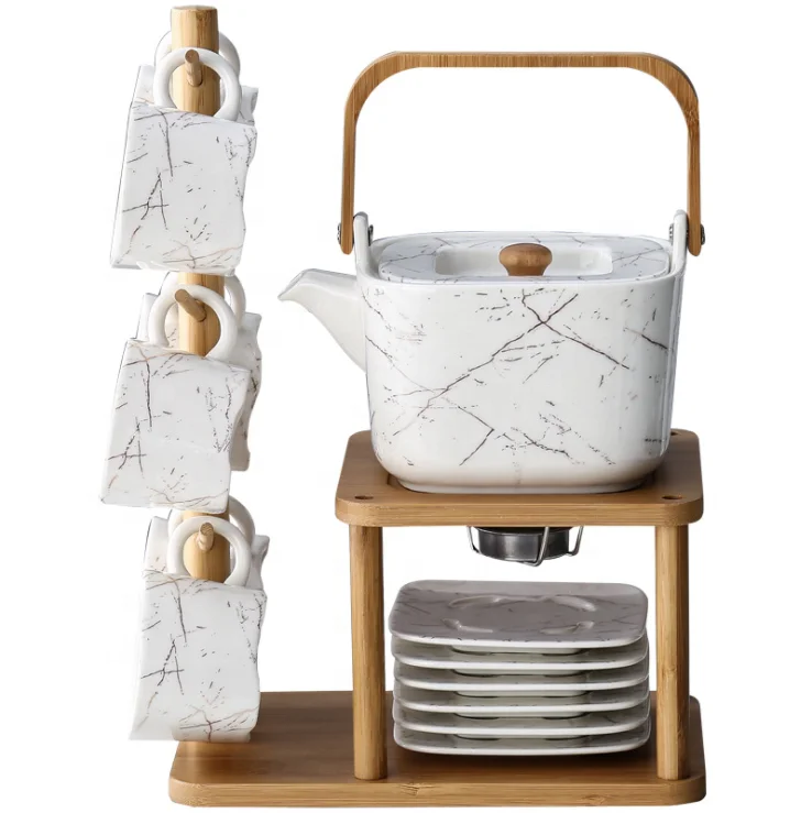 

Japanese OEM Design Marble Ceramic Coffee Cup Pot Set with Bamboo Shelf, Customized