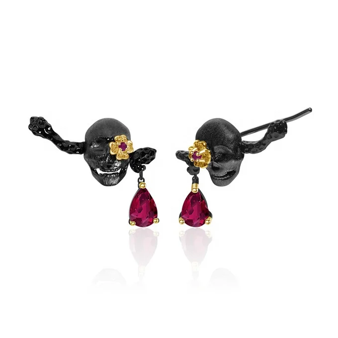 

Abiding Black Skull Earring Maheleo Ruby Stone Handmade Symbolic Jewelry Women Sterling Silver Earring