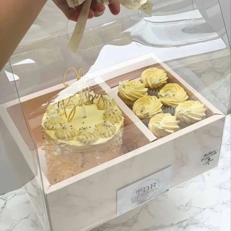 

Luxury PVC Transparent Valentine's Day Flower Birthday Party Cake Gift Box Packaging With Handle