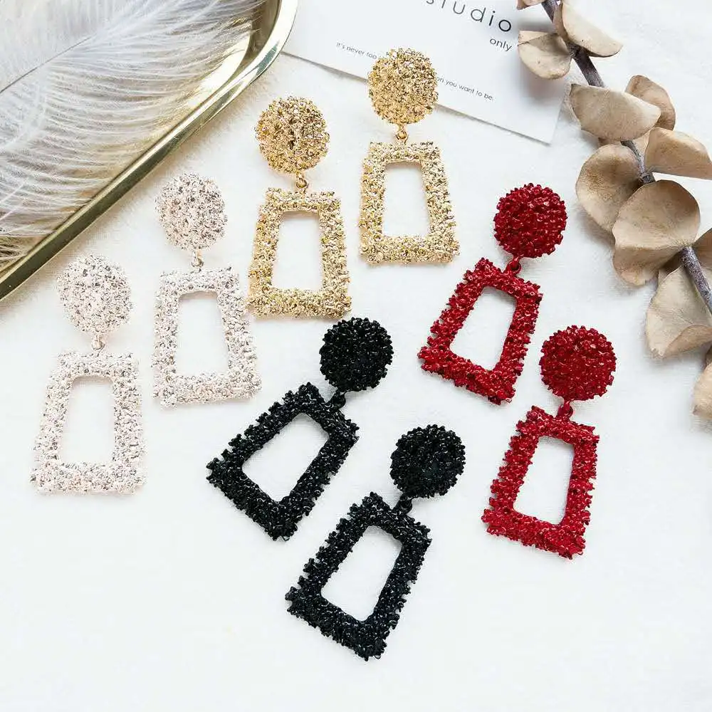 

New Big Geometric Trapezoid Emboss Piercing Dangle Metal Square Drop Earrings, Picture shown