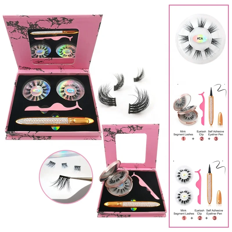 

New Style Segmented Pre-cut Faux Eyelashes Kit With Pro Glue Tweezers Lash Bundle Set Lash Wholesale Vendor Custom Packaging