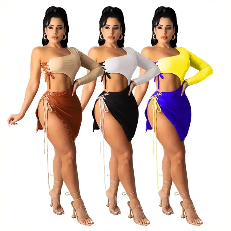 

FREE SAMPLE JHTH New arrivals 2021 summer one shoulder lace up high slit skirt latest bandage two piece set, Picture color