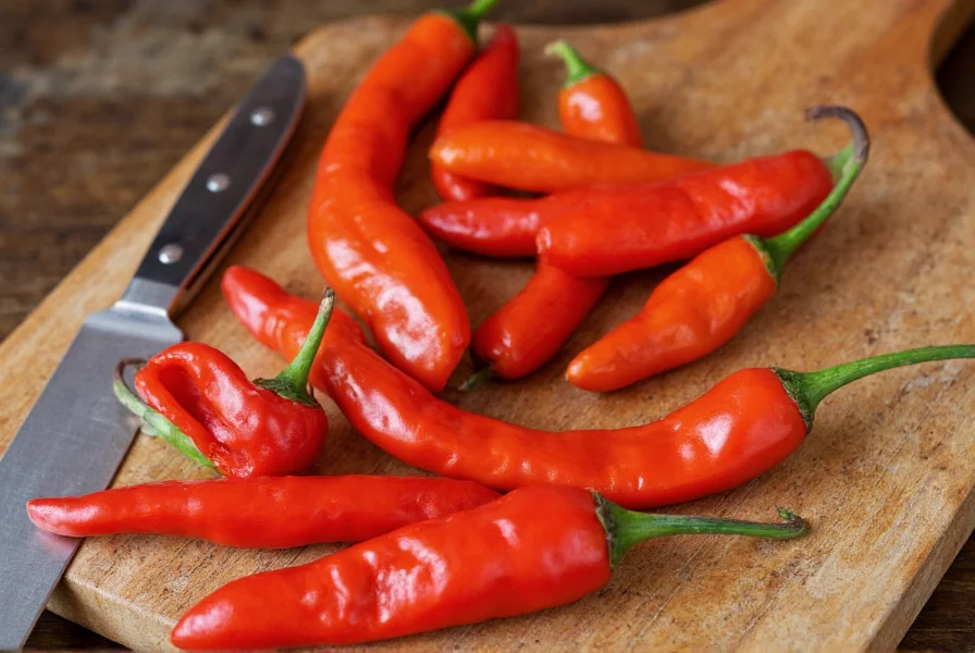 Fresh chilaca peppers on wooden cutting board with traditional Mexican cooking utensils