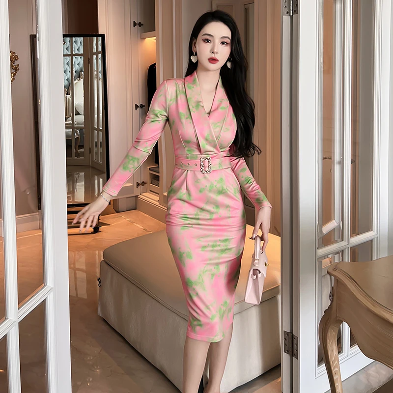 

ZYHT 20186 Spring 2024 Elegant Women Clothes V Neck Floral Print Long Sleeve Belted Spandex Midi Office Lady Career Dress