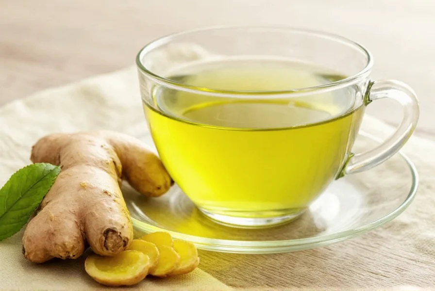 Step-by-step preparation of ginger green tea showing fresh ginger slicing, water temperature measurement, and proper steeping technique
