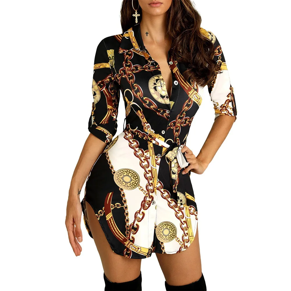 

New Fashion Ladies Dress Gold Chain Print Lapel Belted Shirt Sexy Night Club Mini Long Sleeves Dresses Corset Satin Dress Mjuer, Black/red/green