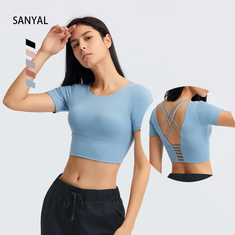 

Custom Print Logo Sexy Cross Strap Back 2pc Yoga Workout Crop Top, Pink ,grey, brown, green, white, black, customized