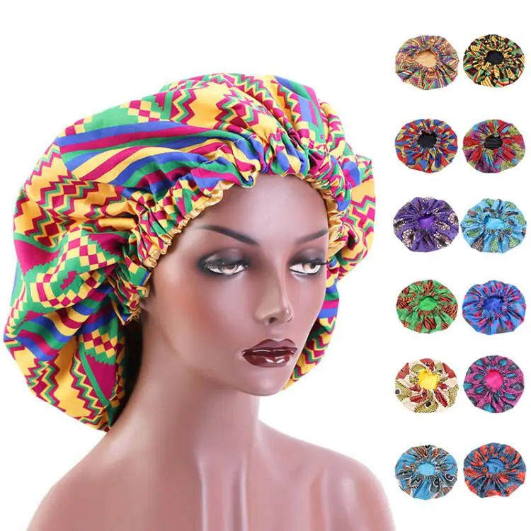 Wholesale Large African Print Double Layer Reversible Night Sleeping Cap Women Silk Satin Hair Bonnets