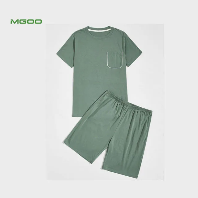 

MGOO Custom Men Pocket Detail Tee With Shorts PJ Set Cotton Spandex Solid Color Casual Pajama Sleepwear