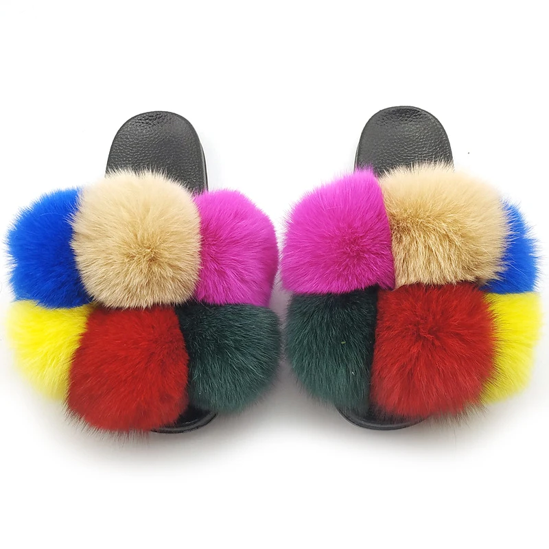 

New Arrival Fox Fur Pom-pom Furry Slippers Women Outdoor Casual Fluffy Slipper