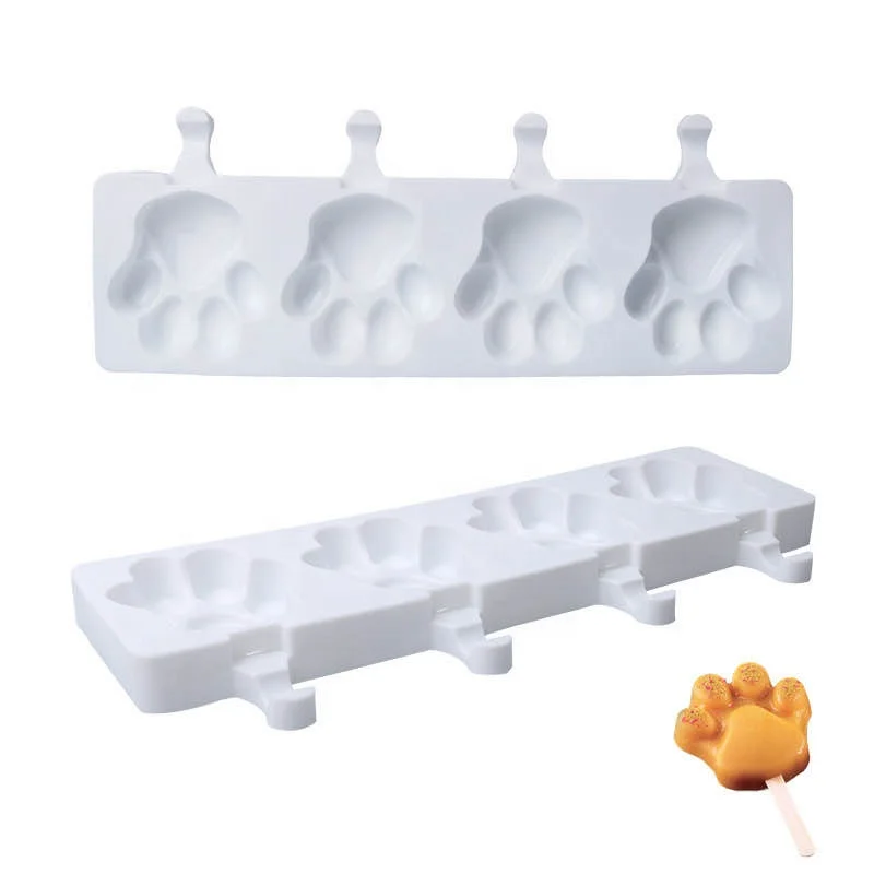 

4 cavities dog puppy paw shaped silicone popsicle mold with free sticks silicone ice cream molds, White