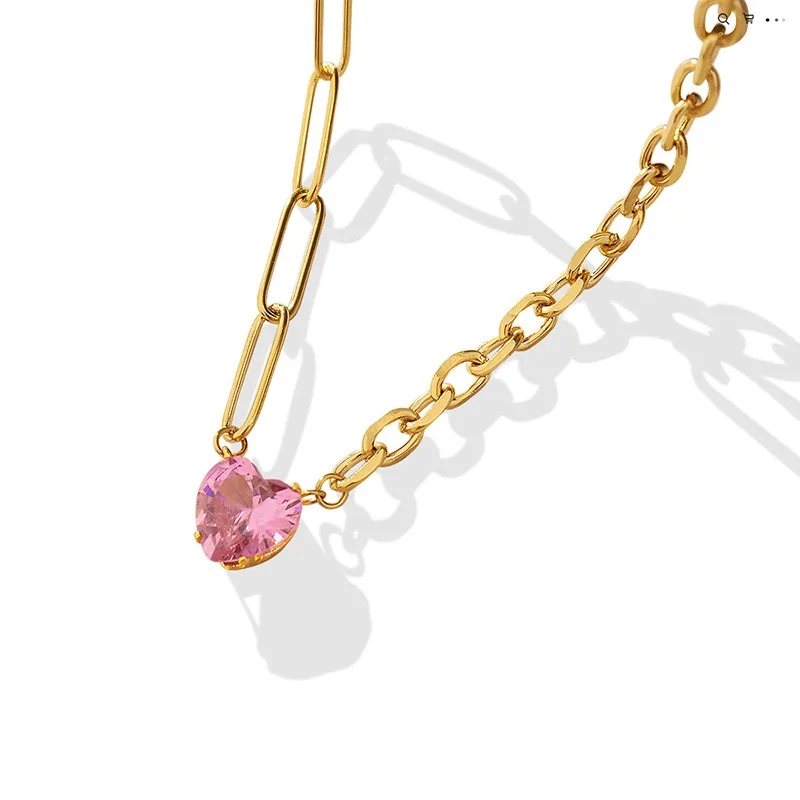 

Joolim Jewelry 18K Gold Plated Pink Heart Zirconia Pendant Necklace Mixed Chain Necklace Trendy Stainless Steel