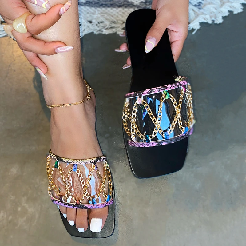 

Fashion summer outdoor transparent upper snake print cross chain flat slippers sandals for women, Colors