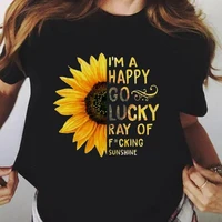 

Wholesale 2019 Summer Women's Fashion Sunflower and Letter Print Women Casual T-shirt graphic tees women Black tshirt
