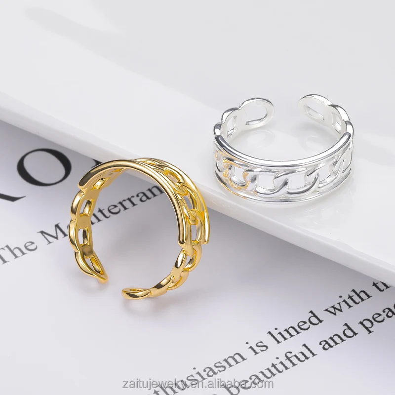

Hip hop Fashion Cuban Chain Adjustable Ring Stainless Steel Striped Chunky Ring, Gold,silver