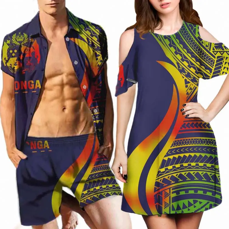 

Low MOQ Reggae Polynesian Samoa Tribal Print Custom Couple Outfits Women Short Sleeves Dress Match Men Shirts New Arrivals, Customized color