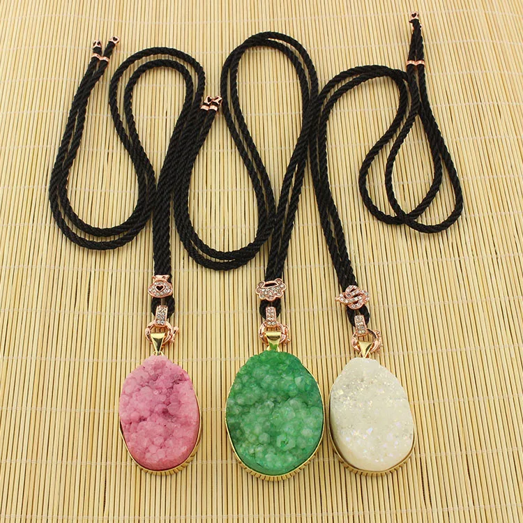 

NE0513 Fashion Gold Plated Natural Crystal Quartz Druzy Pendant Necklace With Black Cord Chain