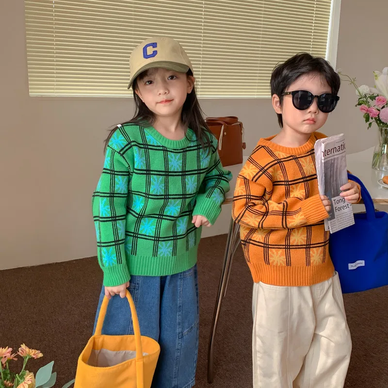 

2022 autumn new fashion child long sleeve sweater toddler kids girls plaid knitted shirt clothing KM2022Q08049