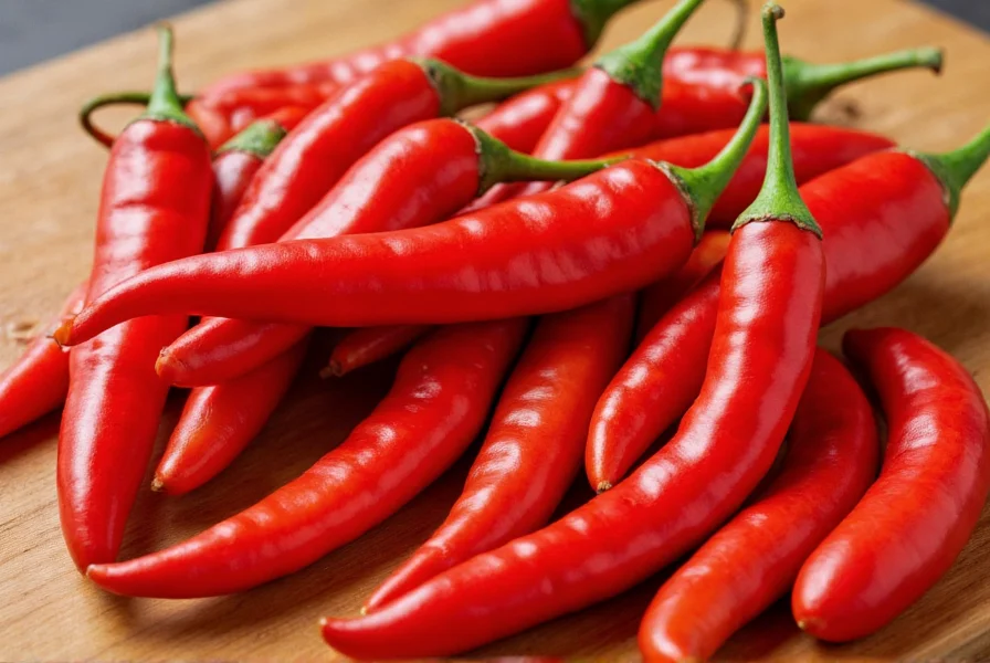 Close-up view of various red chili pepper varieties arranged on wooden cutting board