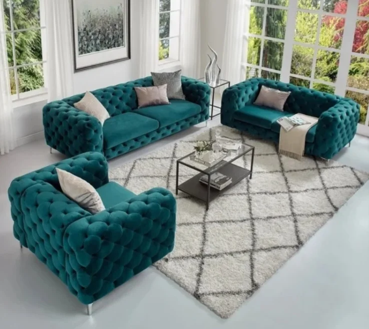 Living Room Furniture Classic Fabric Sectional Green Velvet Chesterfield Sofa