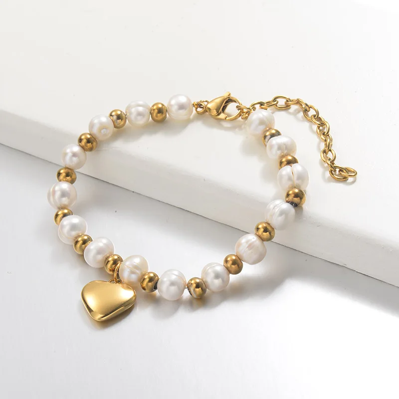 

Baoyan Vintage 18K Gold Plated Heart Charm Bracelet Natural Fresh Water Pearl Beaded Bracelets