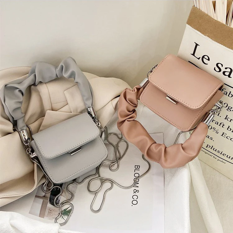 

Trendy folds thick gold chain shoulder mini bag handbag cloud bag PU leather small square bag, White, yellow, red, purple, khaki, blue, black