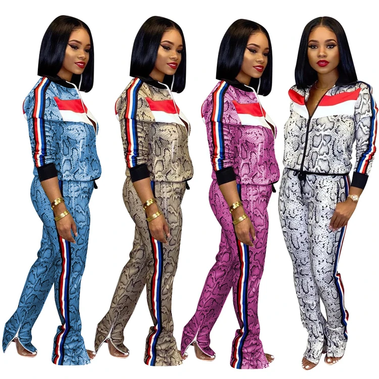 Fashion long sleeve snakeskin two piece pants set women party activewear fall clothes 2019