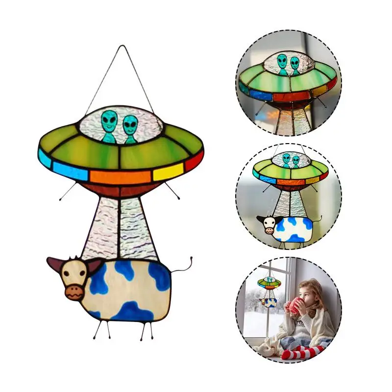 

Painted UFO Pendant Alien Cow Stained Glass Suncatcher Window Panel Hanging Creative Painted Glass UFO Alien Cow Decor Kids Gift