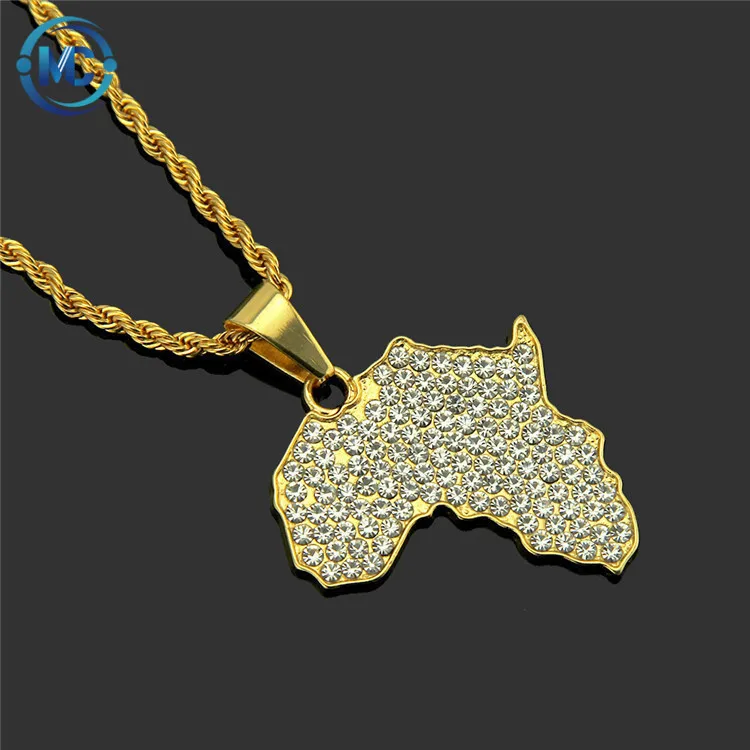 

2021 Hiphop Iced Out Chain Rhinestone Crystal Pendant Necklace Chain African Map Necklace