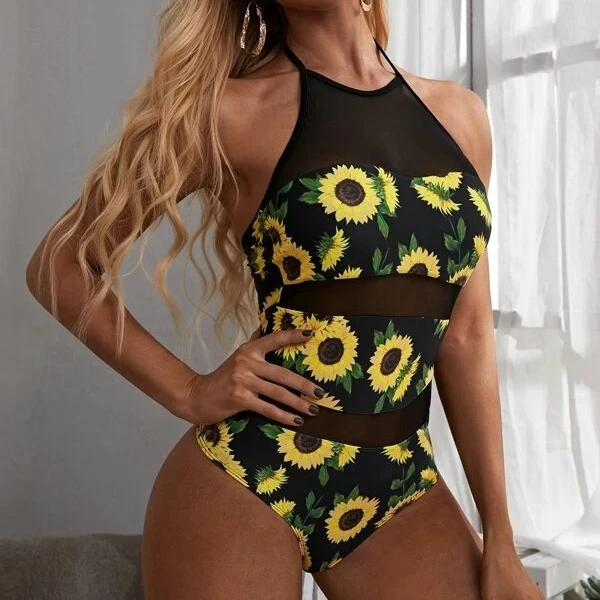 

2021 swimsuit new sun flower print bikini European and American sexy bikini ladies mesh one-piece