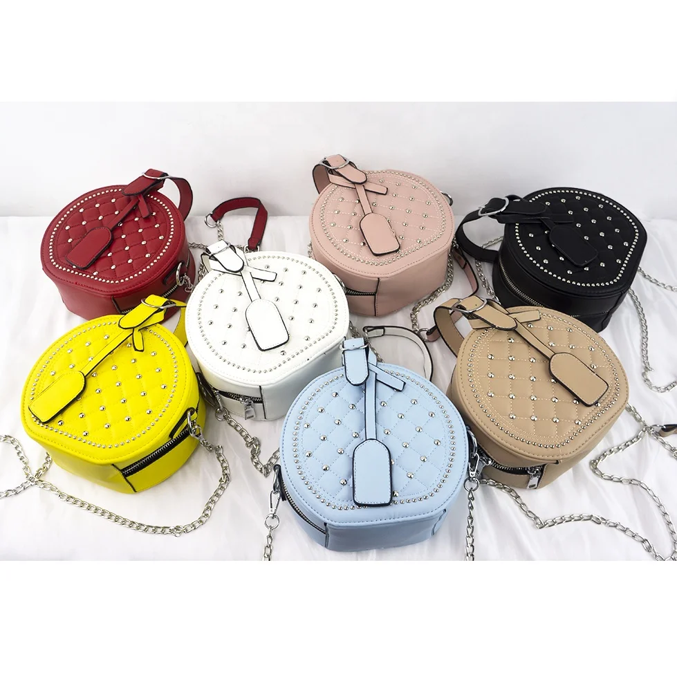

Luxury Round Handbag For Women Rivet Messenger Crossbody Bags Female Shoulder Bag PU Leather Ladies Purse Top Handle, As show