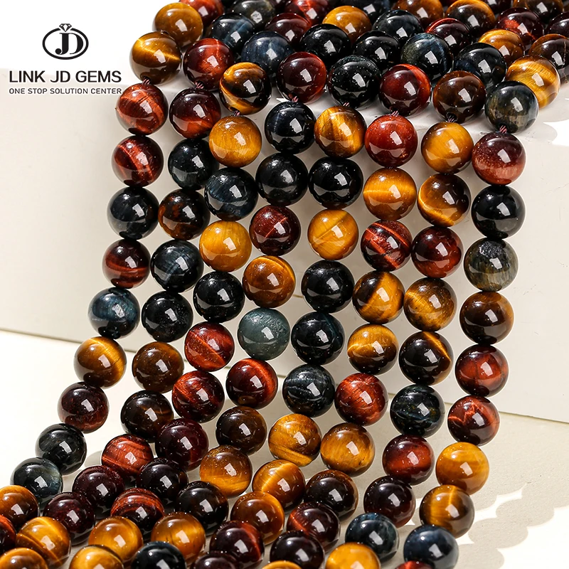 

JD Wholesale 4mm 6mm 8mm 10mm 12mm 14mm Pick Size Natural Stone Tricolor Tiger Eye Agate Round Loose Beads For Jewelry Making